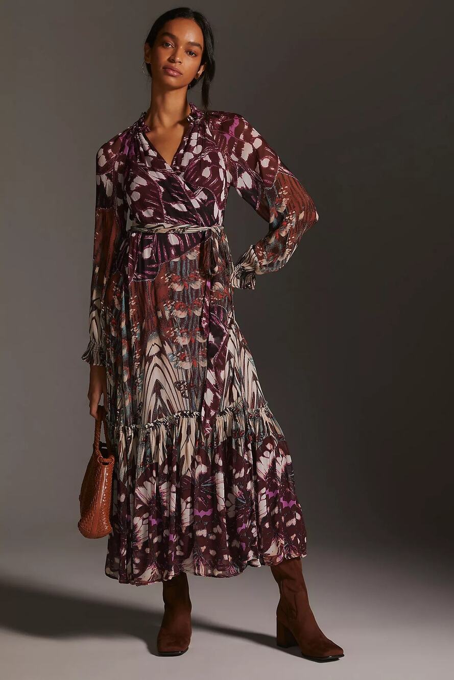 Anthro Multicolor Print Long Sleeve Wrap Maxi Dress Sz XL Tie Belt Waist V-Neck